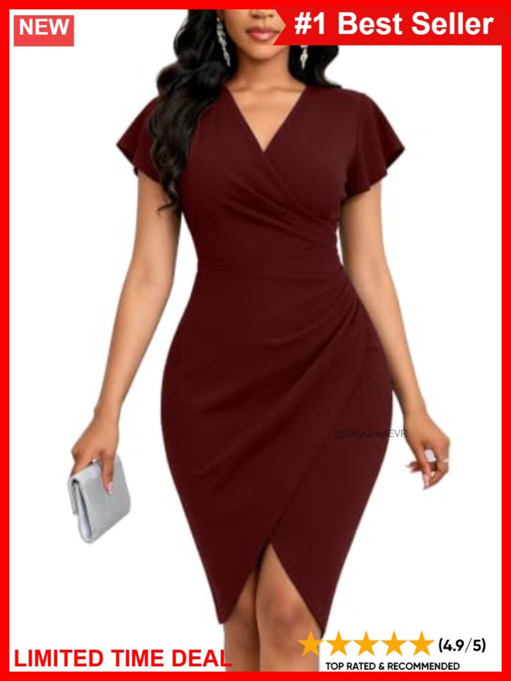 V-Neck Faux Wrap Ruffle Sleeve Bodycon Cocktail Dress